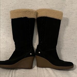 UGG Black Suede with Sheepskin Tall Wedge Boots
